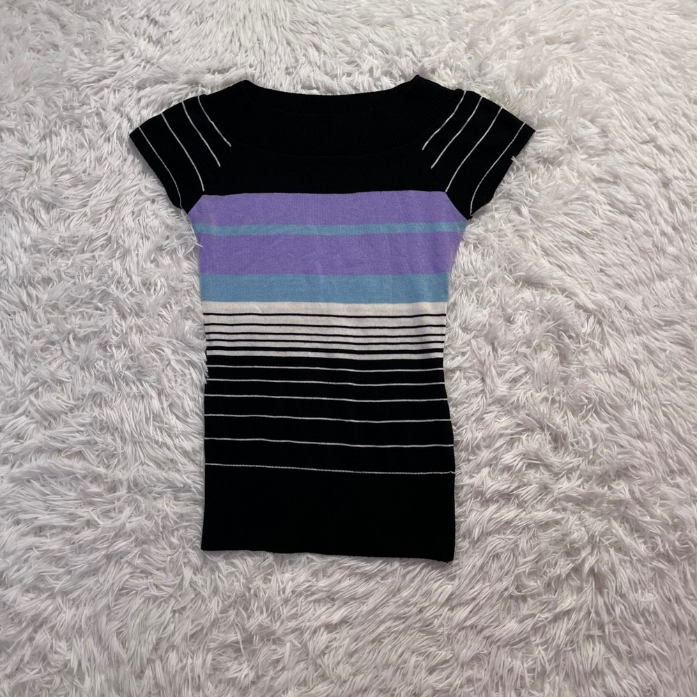 y2k black, purple, white striped sweater top xs